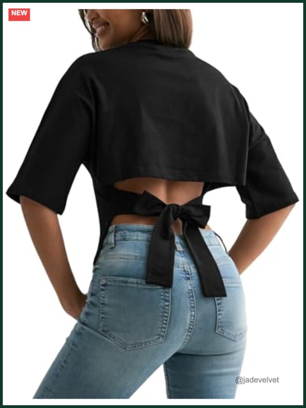 Cotton Blend Open Back Tie Back Crop Top Half Sleeve Y2K Tee